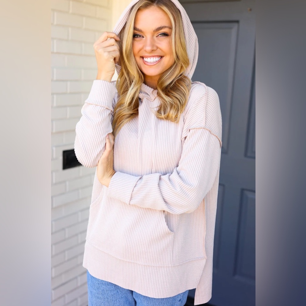 Reg. & Plus Size Casual Ivory Mineral Washed Ribbed Knit Lightweight Hoodie - Picture 8 of 14